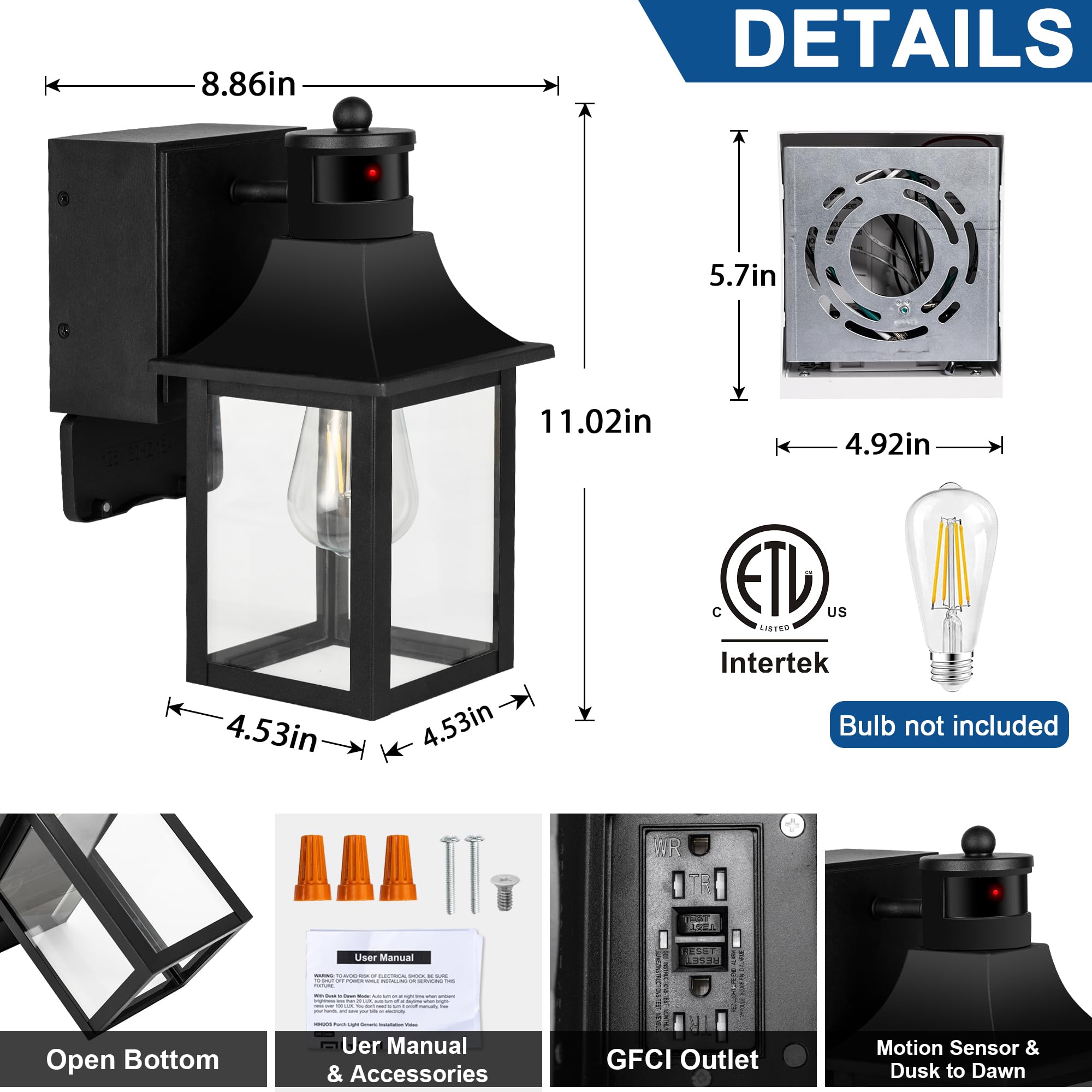 HIHUOS Porch Lights with GFCI Outlet, Dusk to Dawn Motion Sensor Outdoor Lights, 3 Lighting Modes Front Door Lights, Waterproof Exterior Light Fixture, Outside Wall Sconce for House Patio Garage