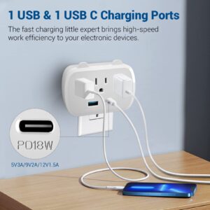 Outlet Extender with USB C, Multi Plug Outlet Adapter with 3 AC Outlets 1 USB & 1 USB-C, Outlets Splitter 1875W, Wall Mount Outlet Extender for Home, Office, Hotel, Travel, Dorm Room-White (1 Pack)