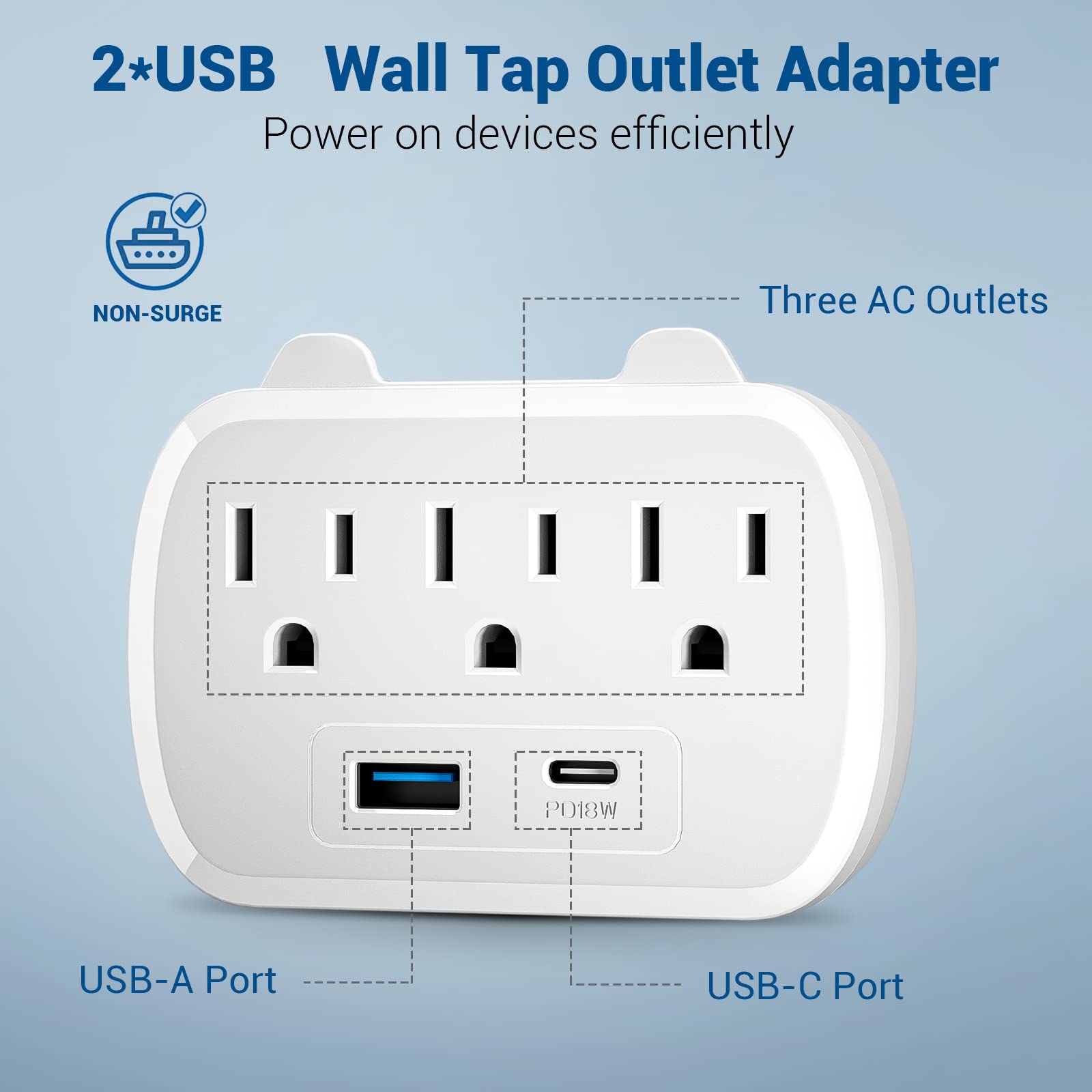 Outlet Extender with USB C, Multi Plug Outlet Adapter with 3 AC Outlets 1 USB & 1 USB-C, Outlets Splitter 1875W, Wall Mount Outlet Extender for Home, Office, Hotel, Travel, Dorm Room-White (1 Pack)