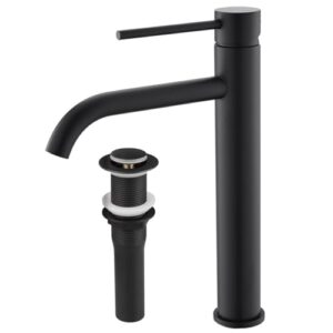 bathroom vessel sink faucet matte black single hole tall faucet with long spout, include pop up sink drain stopper