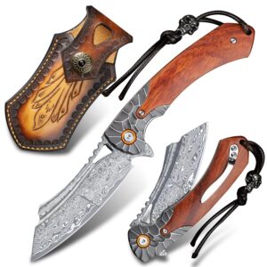 minowe men's pocket knife damascus steel handmade folding knife，3.5 in blade rosewood handle，with leather case ，liner lock steel ball bearings，pocket clip ，edc camping outdoor survival knife