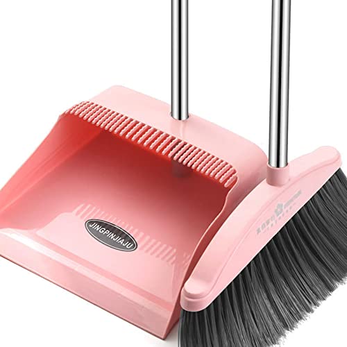 MIYUE Broom and Dustpan Set for Home - Dust Pans with Long Handle - Outdoor Indoor for Home Kitchen Room Office,Must Haves for Home, Pink