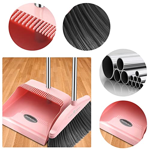 MIYUE Broom and Dustpan Set for Home - Dust Pans with Long Handle - Outdoor Indoor for Home Kitchen Room Office,Must Haves for Home, Pink