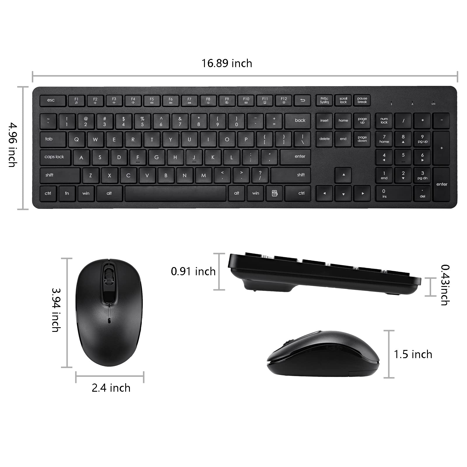 Wireless Keyboard and Mouse Combo, 2.4G Silent Cordless Keyboard Mouse Combo for Windows Chrome Laptop Computer PC Desktop, 106 Keys Full Size with Number Pad, 1600 DPI Optical Mouse (Black)