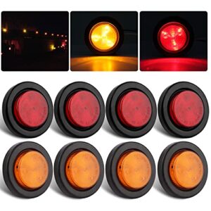 8pcs 2 inch round led trailer marker lights, 4 amber + 4 red 2 inch round led side marker and clearance marker lights 4 led sealed flush mount w/grommets and 2 prong trailer wire pigtails waterproof