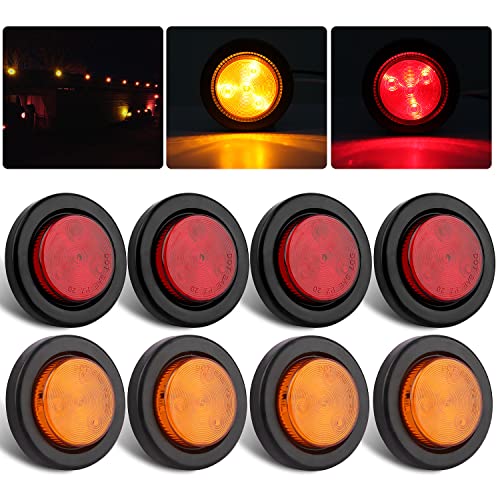 8Pcs 2 Inch Round Led Trailer Marker Lights, 4 Amber + 4 Red 2 Inch Round LED Side Marker and Clearance Marker Lights 4 LED Sealed Flush Mount w/Grommets and 2 Prong Trailer Wire Pigtails Waterproof