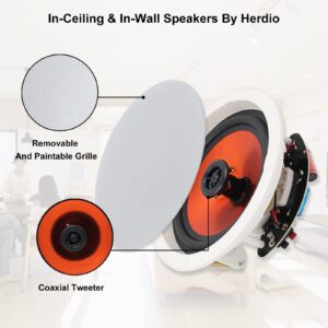 Herdio 6.5'' Bluetooth in Wall in Ceiling Speakers 600W 2-Way Flush Mount Speakers System with Wall Amplifier Receiver for Home Theater Office Bathroom(2Pairs, Paintable-Grille)