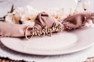 customized wooden name tags for place setting, personalized place cards for weddings, bridal showers and events, cursive laser cut seating cards