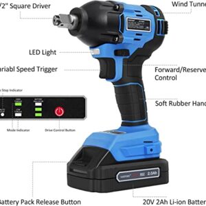 WISETOOL Cordless Impact Wrench,1/2 inch Electric Impact Wrench,Brushless Power Impact Wrench Set for Car Tires,Max Torque 260 ft-lbs,2.0A Li-ion Battery