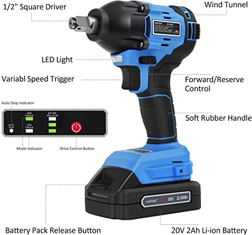 WISETOOL Cordless Impact Wrench,1/2 inch Electric Impact Wrench,Brushless Power Impact Wrench Set for Car Tires,Max Torque 260 ft-lbs,2.0A Li-ion Battery