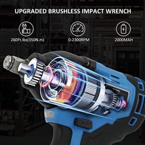 WISETOOL Cordless Impact Wrench,1/2 inch Electric Impact Wrench,Brushless Power Impact Wrench Set for Car Tires,Max Torque 260 ft-lbs,2.0A Li-ion Battery