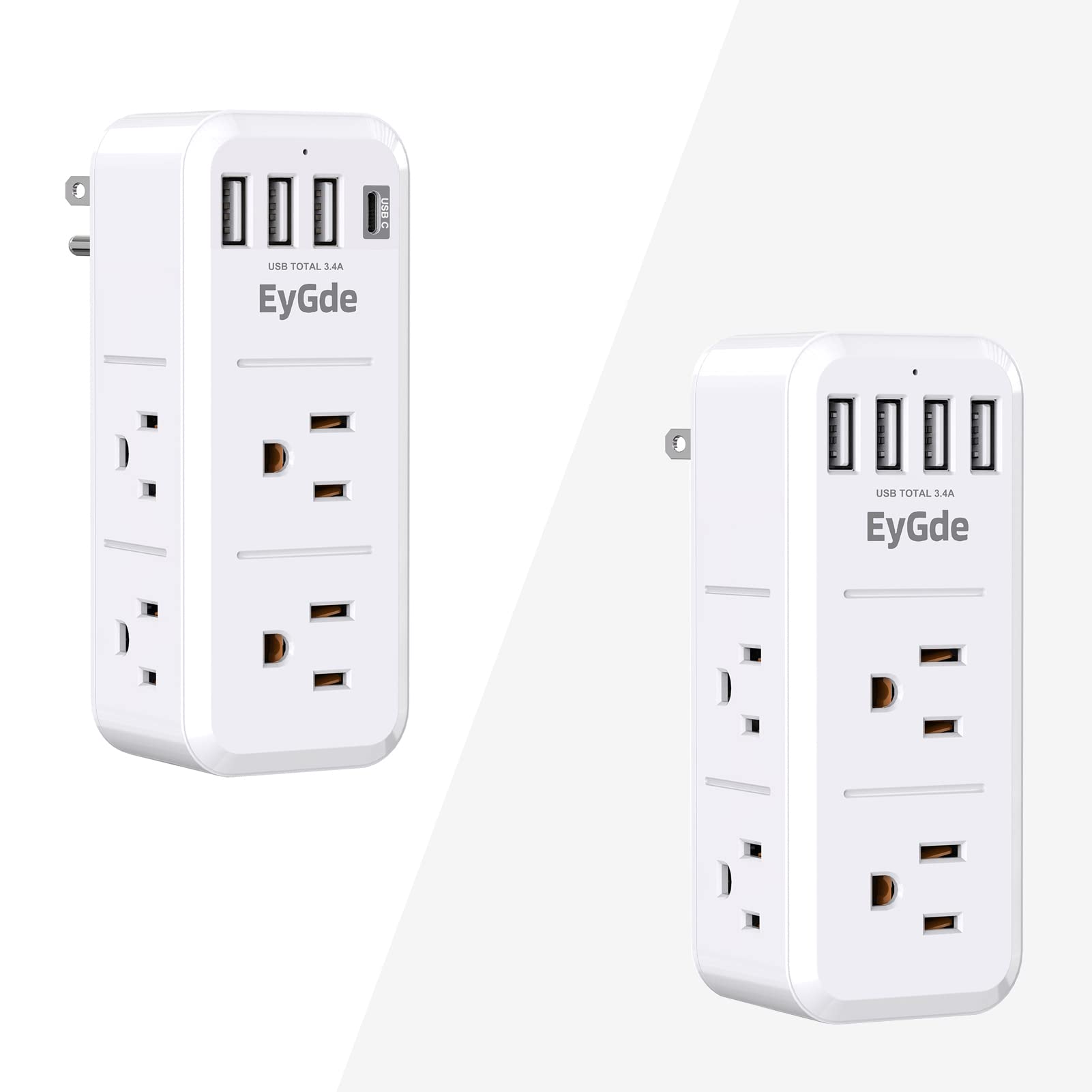 EyGde Multi Plug Outlet Extender Surge Protector 1700J, Wall Power Strip with Rotating Plug & 4 USB Charging Ports (1 USB C) +2 Prong Power Strip with Surge Protector 1700J, EyGde Multi Plug Outlet