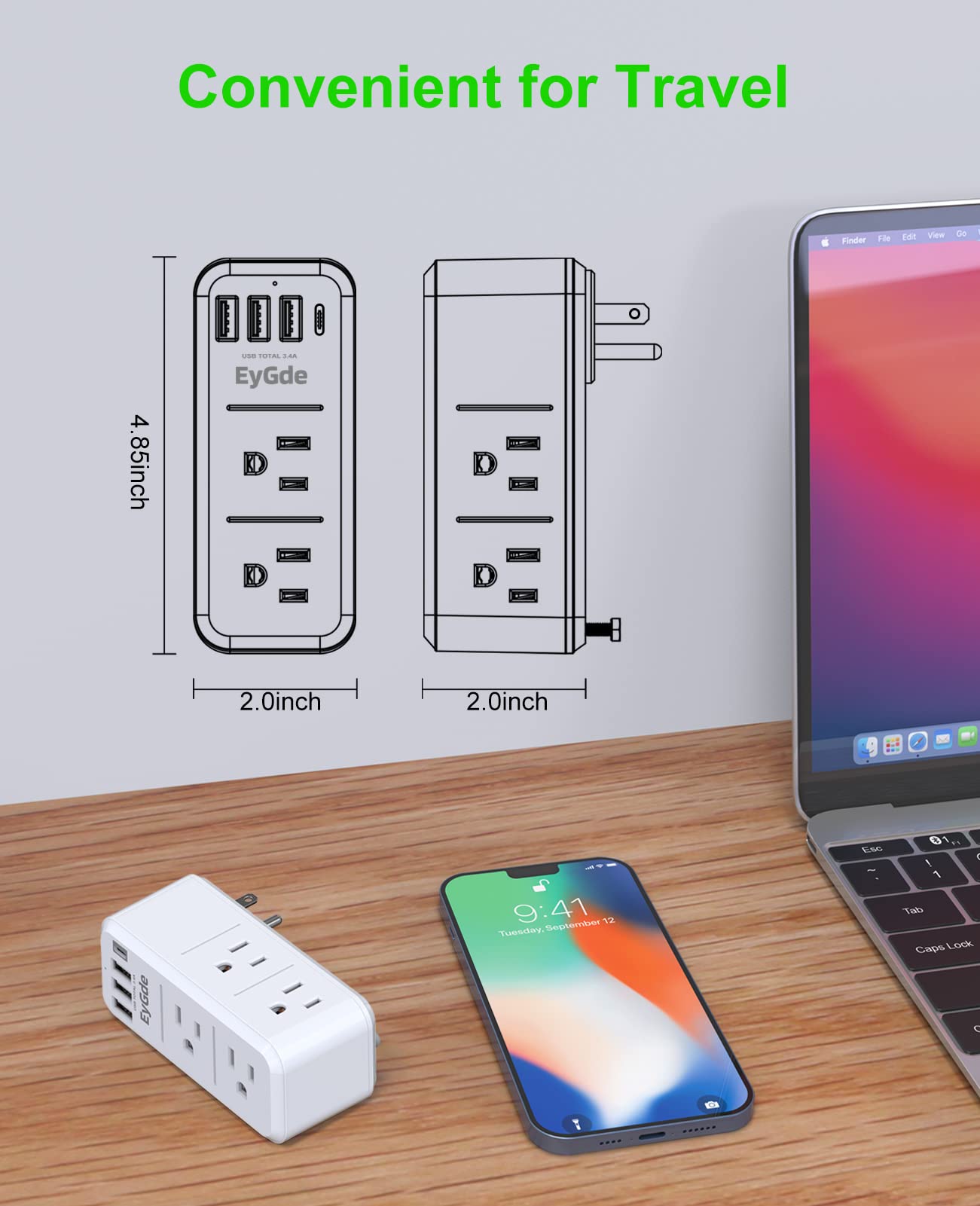 EyGde Multi Plug Outlet Extender Surge Protector 1700J, Wall Power Strip with Rotating Plug & 4 USB Charging Ports (1 USB C) +2 Prong Power Strip with Surge Protector 1700J, EyGde Multi Plug Outlet