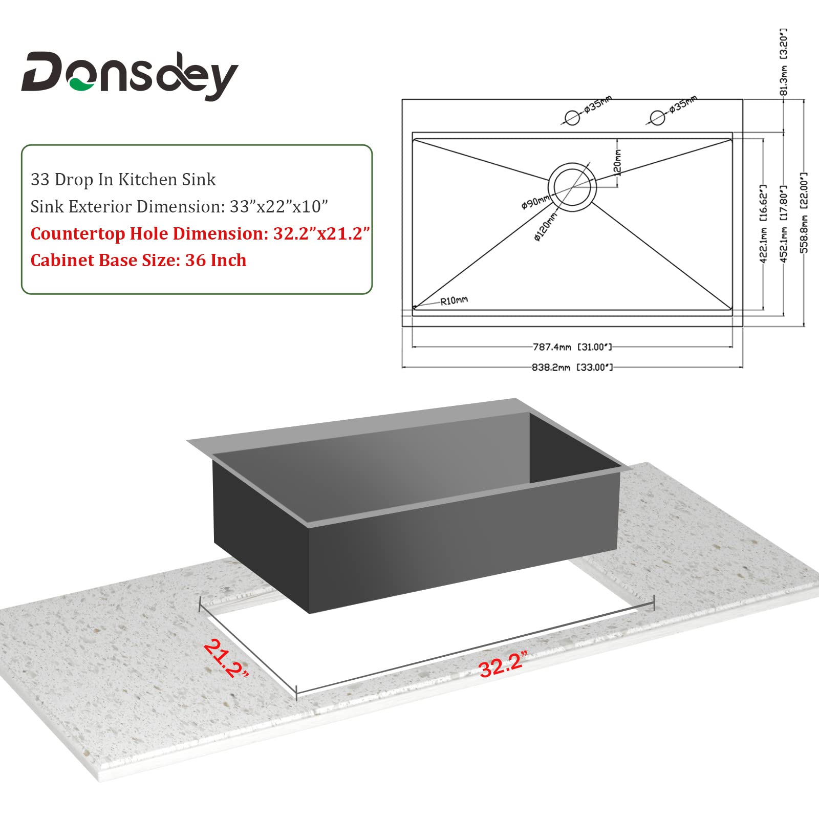 33 Kitchen Sink Drop In - Donsdey 33 Inch Kitchen Sink Ledge Workstation 16 Gauge Stainless Steel Drop In Topmount Single Bowl Rectangular Kitchen Sink Basin