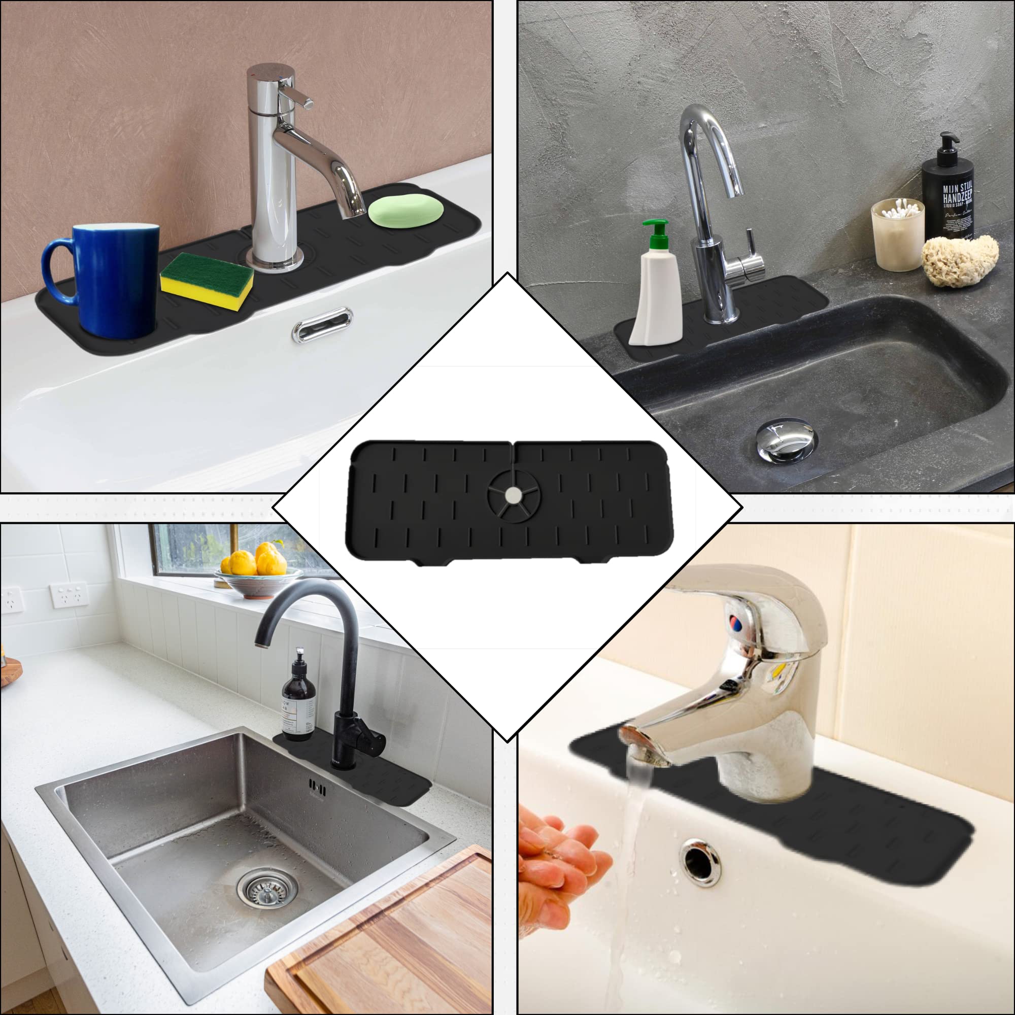 Kitchen Sink Splash Guard, Silicone Faucet Handle Drip Catcher Tray Mat Drains Water & Keeps The Countertop Dry | Behind Faucet Sink Protectors, Drying Mats for Home & Bathroom (Black, 1 Pack)