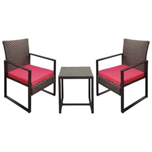 yiyan 3 pieces outdoor furniture set patio rattan wicker chairs & teatable,lawn garden balcony backyard,with washable cushion (red)