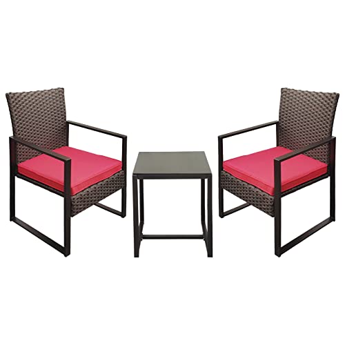 YIYAN 3 Pieces Outdoor Furniture Set Patio Rattan Wicker Chairs & teatable,Lawn Garden Balcony Backyard,with Washable Cushion (Red)