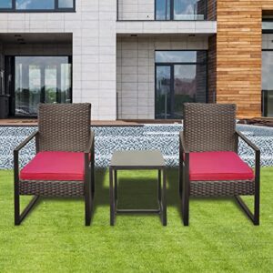 YIYAN 3 Pieces Outdoor Furniture Set Patio Rattan Wicker Chairs & teatable,Lawn Garden Balcony Backyard,with Washable Cushion (Red)