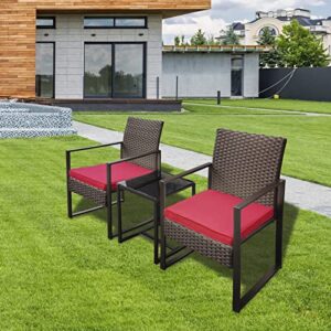 YIYAN 3 Pieces Outdoor Furniture Set Patio Rattan Wicker Chairs & teatable,Lawn Garden Balcony Backyard,with Washable Cushion (Red)