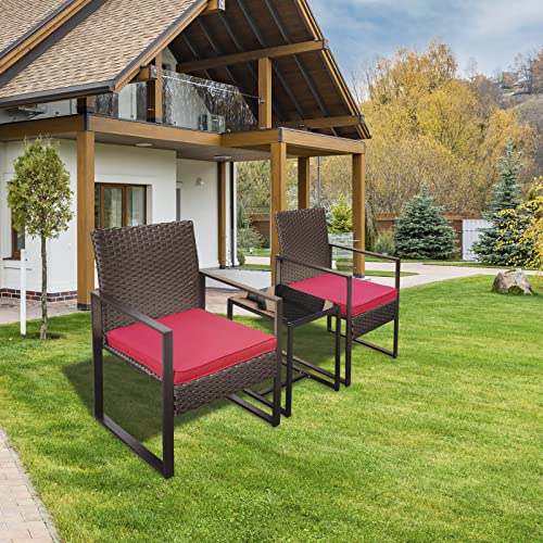 YIYAN 3 Pieces Outdoor Furniture Set Patio Rattan Wicker Chairs & teatable,Lawn Garden Balcony Backyard,with Washable Cushion (Red)