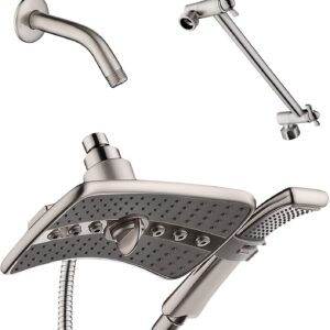 BRIGHT SHOWERS Shower Head Combo with Two Spray Settings Fixed Shower Head and Handheld Shower Head with Grey Face with 6 Inch Shower Arm and 10 Inch Shower Arm Extender, Brushed Nickel