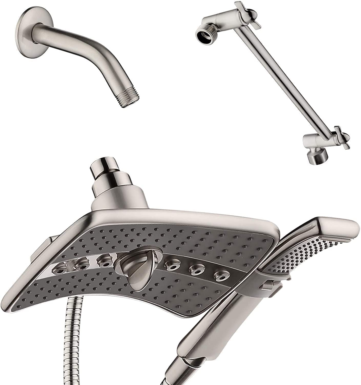 BRIGHT SHOWERS Shower Head Combo with Two Spray Settings Fixed Shower Head and Handheld Shower Head with Grey Face with 6 Inch Shower Arm and 10 Inch Shower Arm Extender, Brushed Nickel