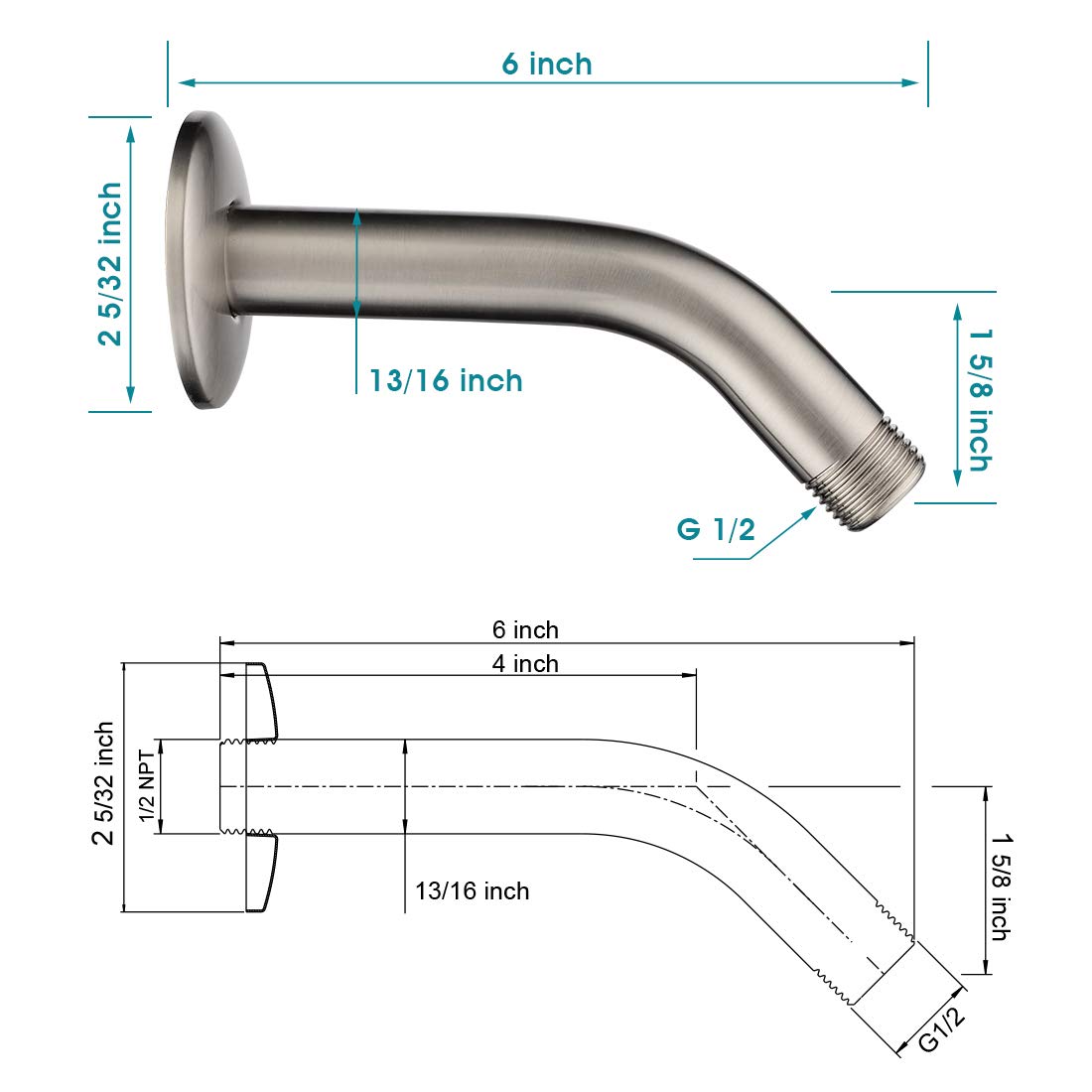 BRIGHT SHOWERS Shower Head Combo with Two Spray Settings Fixed Shower Head and Handheld Shower Head with Grey Face with 6 Inch Shower Arm and 10 Inch Shower Arm Extender, Brushed Nickel