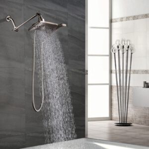 BRIGHT SHOWERS Shower Head Combo with Two Spray Settings Fixed Shower Head and Handheld Shower Head with Grey Face with 6 Inch Shower Arm and 10 Inch Shower Arm Extender, Brushed Nickel