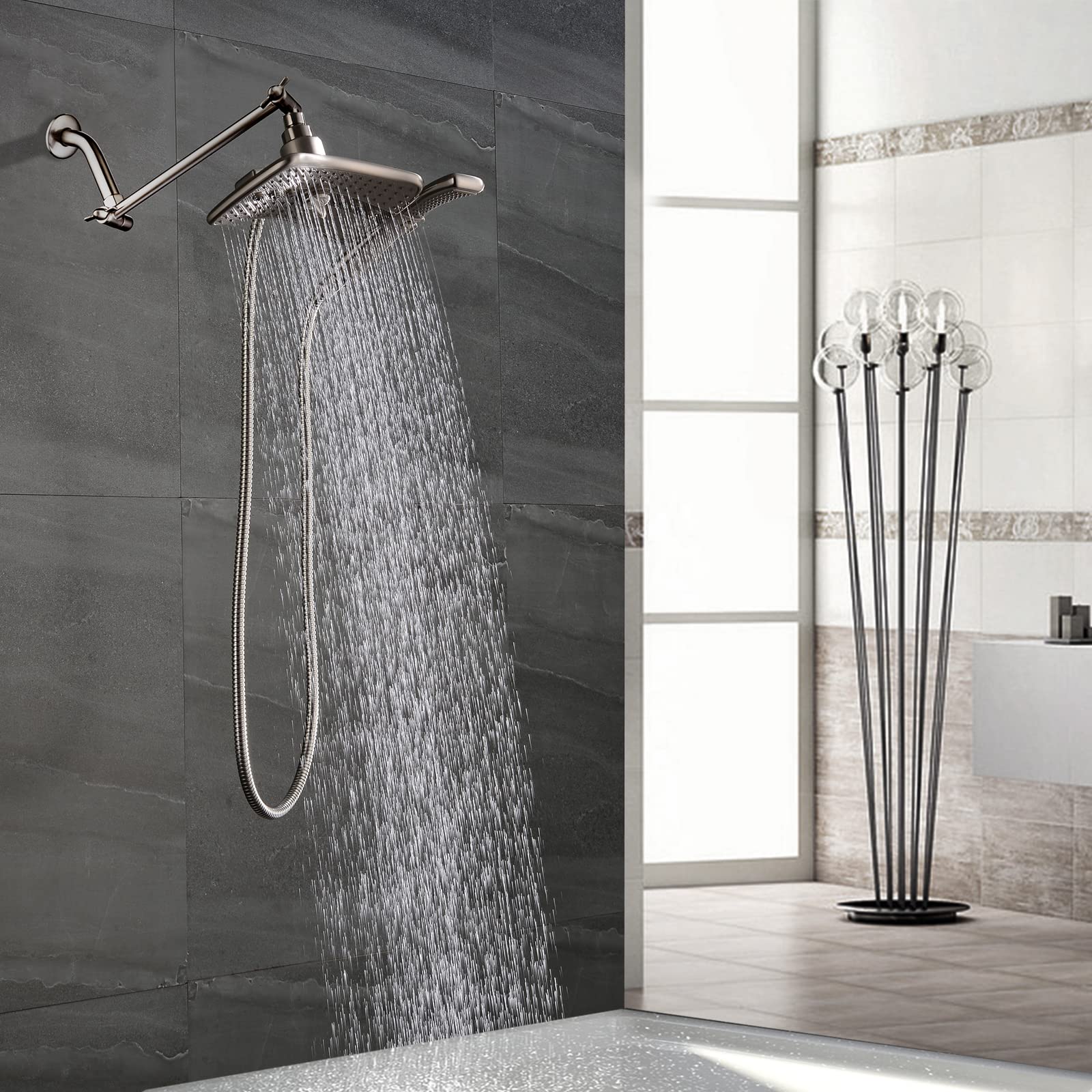 BRIGHT SHOWERS Shower Head Combo with Two Spray Settings Fixed Shower Head and Handheld Shower Head with Grey Face with 6 Inch Shower Arm and 10 Inch Shower Arm Extender, Brushed Nickel