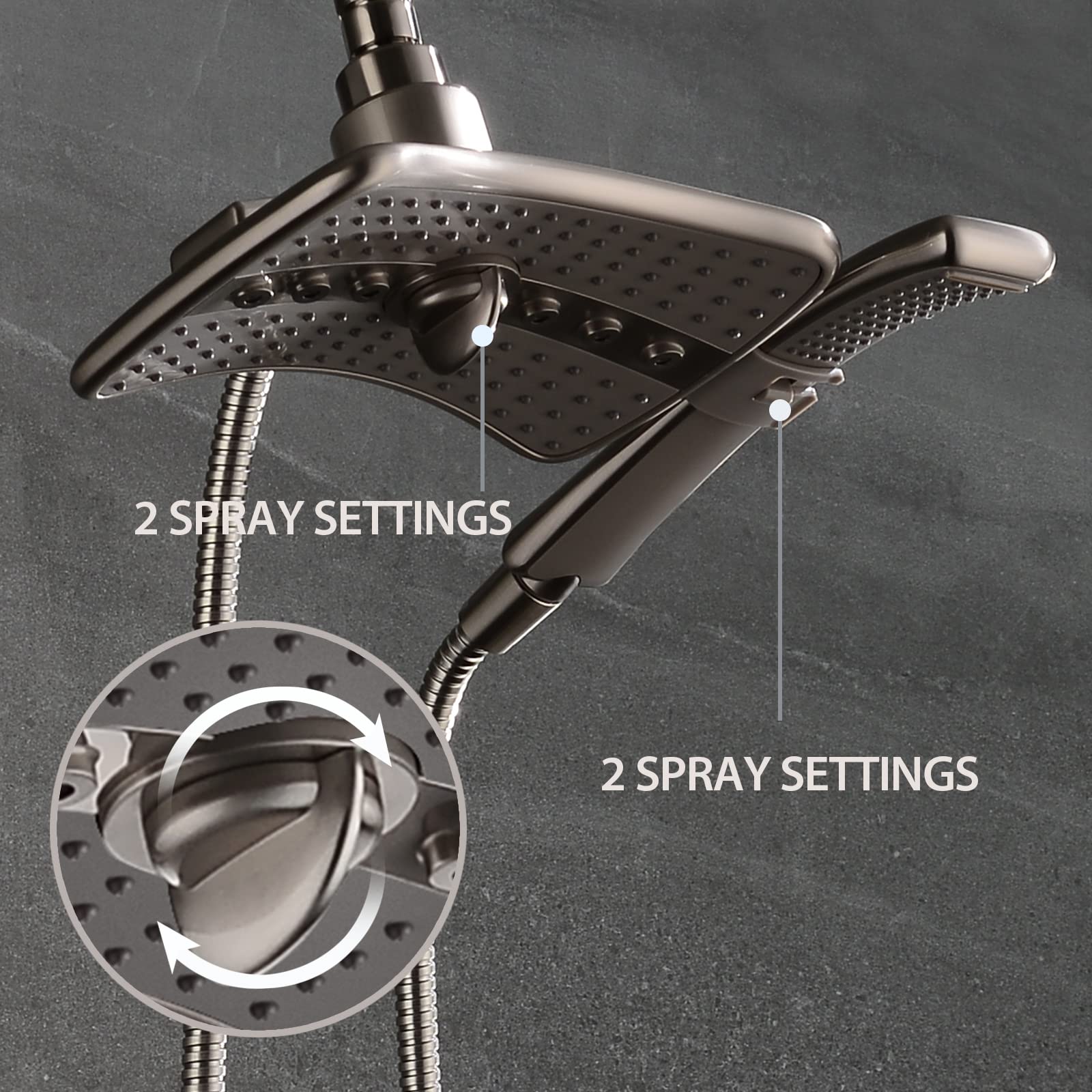 BRIGHT SHOWERS Shower Head Combo with Two Spray Settings Fixed Shower Head and Handheld Shower Head with Grey Face with 6 Inch Shower Arm and 10 Inch Shower Arm Extender, Brushed Nickel