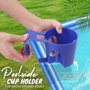 TonGass (6-Pack) Poolside Cup Holders (Blue) - Compatible with Above Ground Pools with 2 Inches or Thinner Round Top Bars - Strong and Durable Easy to Use Clip-On No-Spill Cup Holders