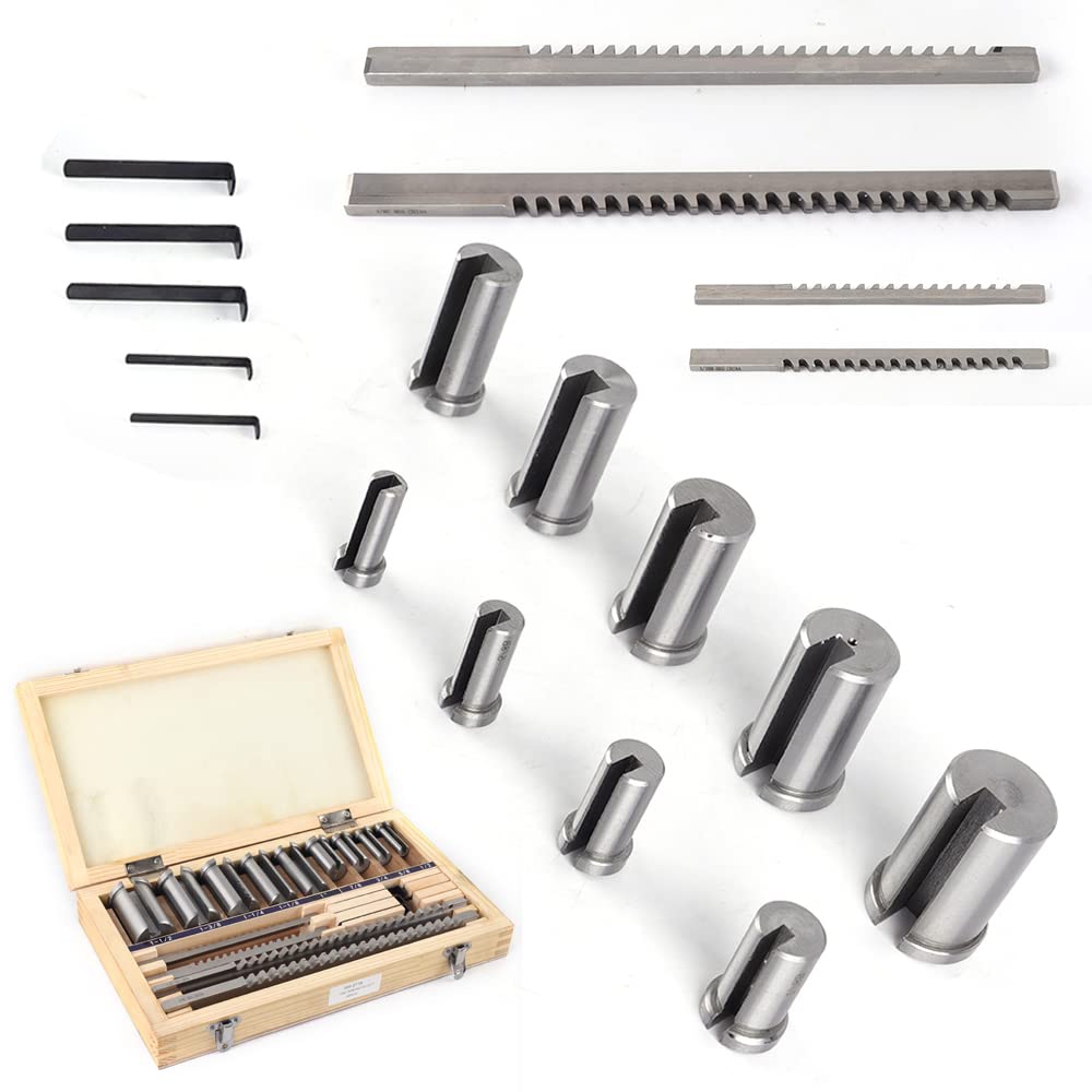 18Pcs Keyway Broach Kit Inch Size, HSS Keyway Broach Kit Ferrule Bushing Gasket Set Metal Process 4 Broaches 9 Collared Bushings 5 Shims with Wooden Box