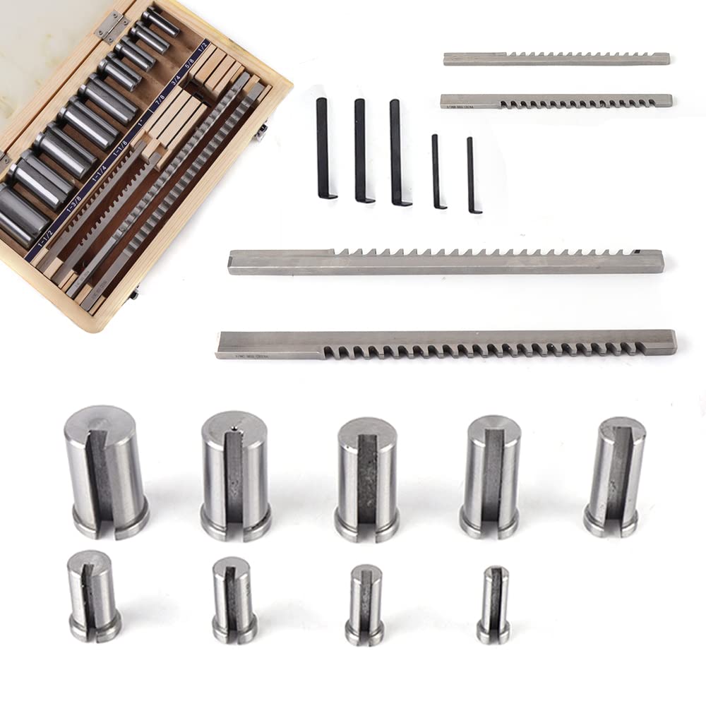 18Pcs Keyway Broach Kit Inch Size, HSS Keyway Broach Kit Ferrule Bushing Gasket Set Metal Process 4 Broaches 9 Collared Bushings 5 Shims with Wooden Box