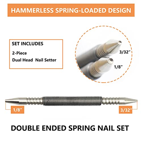 WHLLING 2-Piece Dual Head Combo Nail Setter, Double Ended 3/32″& 1/8″Spring Nail Set, 3500 PSI Striking Force Hammerless Nail Set Punch