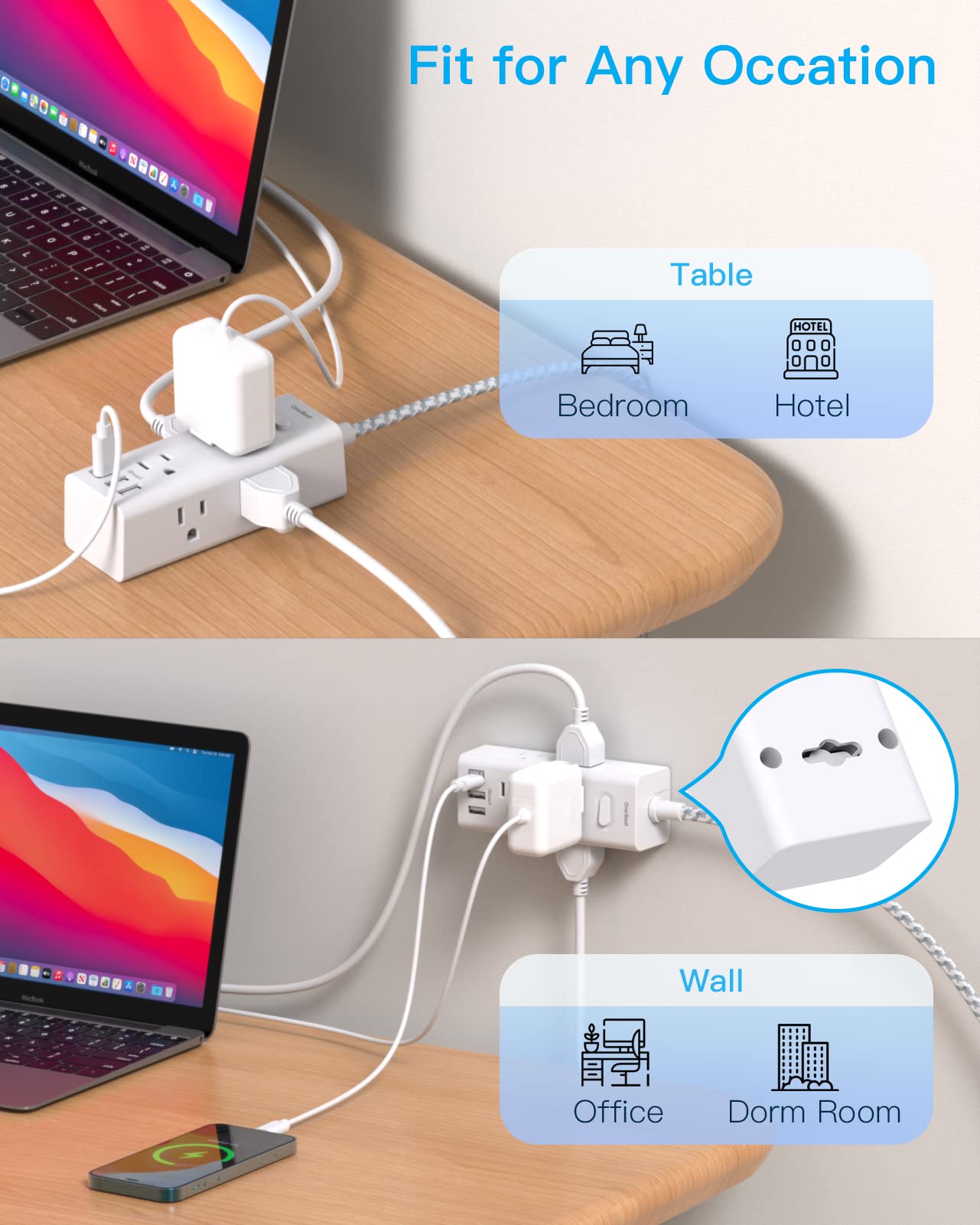 Power Strip Surge Protector - 6 Widely Outlets with 3 USB Ports (1 USB C), 3-Side Outlet Extender Strip with 5 Ft Extension Cord, Flat Plug, Wall Mount, Small Power Strip for Travel Office Dorm Home