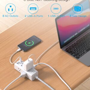 Power Strip Surge Protector - 6 Widely Outlets with 3 USB Ports (1 USB C), 3-Side Outlet Extender Strip with 5 Ft Extension Cord, Flat Plug, Wall Mount, Small Power Strip for Travel Office Dorm Home