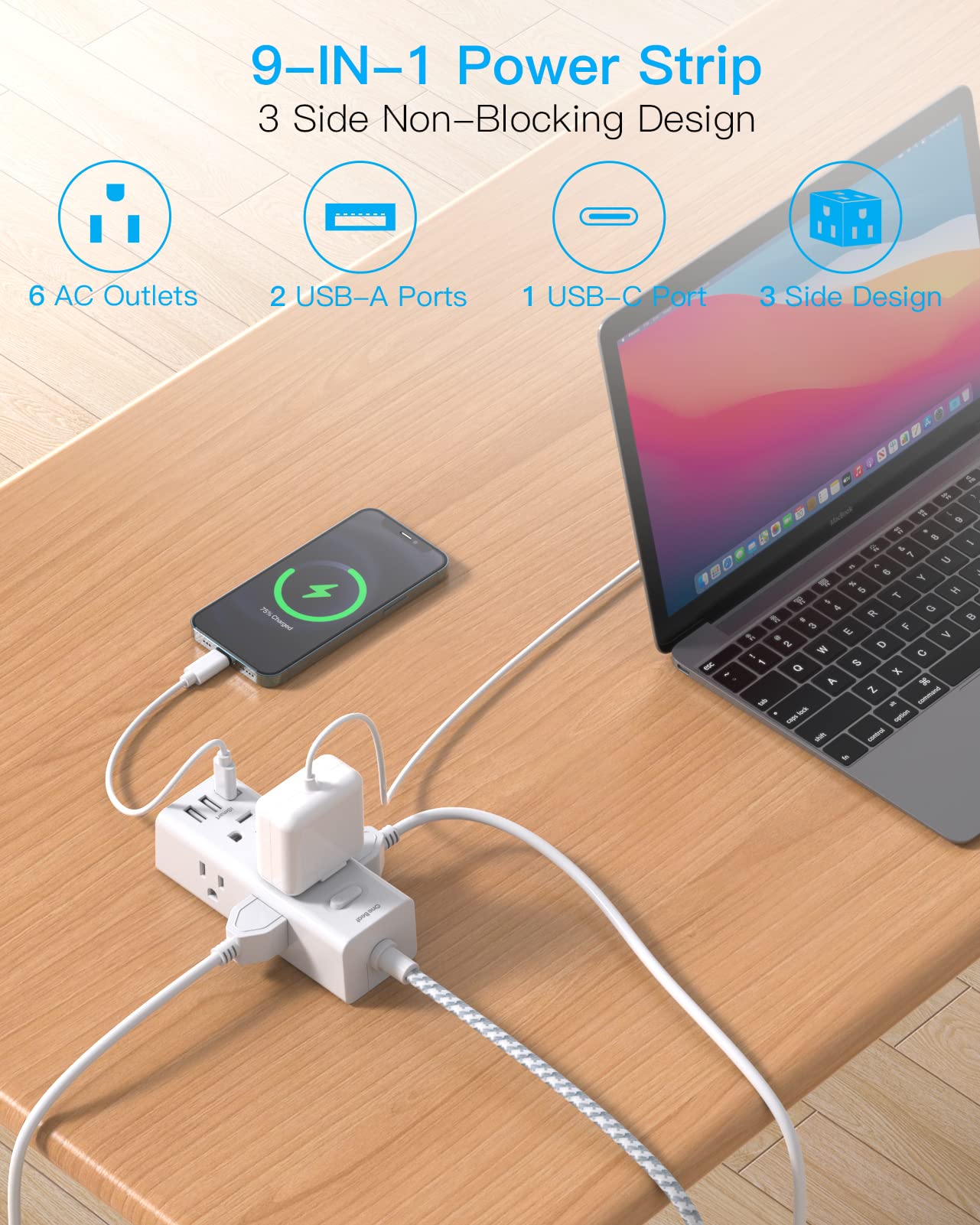 Power Strip Surge Protector - 6 Widely Outlets with 3 USB Ports (1 USB C), 3-Side Outlet Extender Strip with 5 Ft Extension Cord, Flat Plug, Wall Mount, Small Power Strip for Travel Office Dorm Home