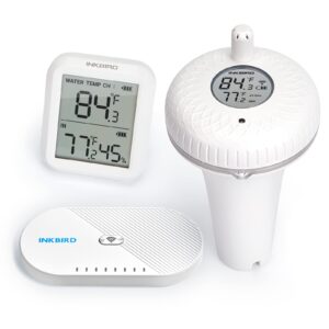 inkbird wireless pool thermometer and wifi gateway combo, with ibs-p01r floating thermometer for swimming pool, ibs-m1 wifi gateway supports wireless thermometer connection with export data