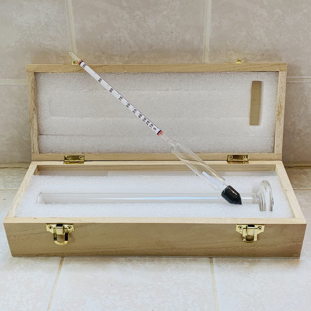 Alcohol Hydrometer Kit: Alocohometers 0-100% (ABV) Proof 0-200 Tralle 0-100, Glass Test Jar 100ml Acesseries Wood Box for Alcohol Products Distilled Moonshine Spirits Whiskey Brandy Liquor Test