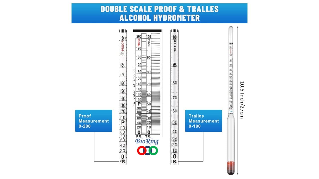 Alcohol Hydrometer Kit: Alocohometers 0-100% (ABV) Proof 0-200 Tralle 0-100, Glass Test Jar 100ml Acesseries Wood Box for Alcohol Products Distilled Moonshine Spirits Whiskey Brandy Liquor Test