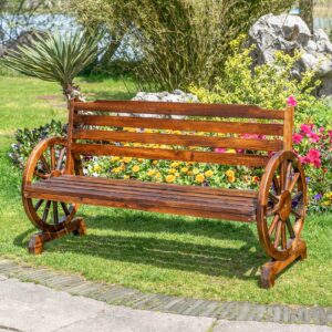 LOVIN&HUGIN Wagon Wheel Bench, Wooden Rustic Outdoor Patio Furniture, 3-Person Seat Bench with Backrest for Porch, Garden