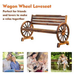 LOVIN&HUGIN Wagon Wheel Bench, Wooden Rustic Outdoor Patio Furniture, 3-Person Seat Bench with Backrest for Porch, Garden