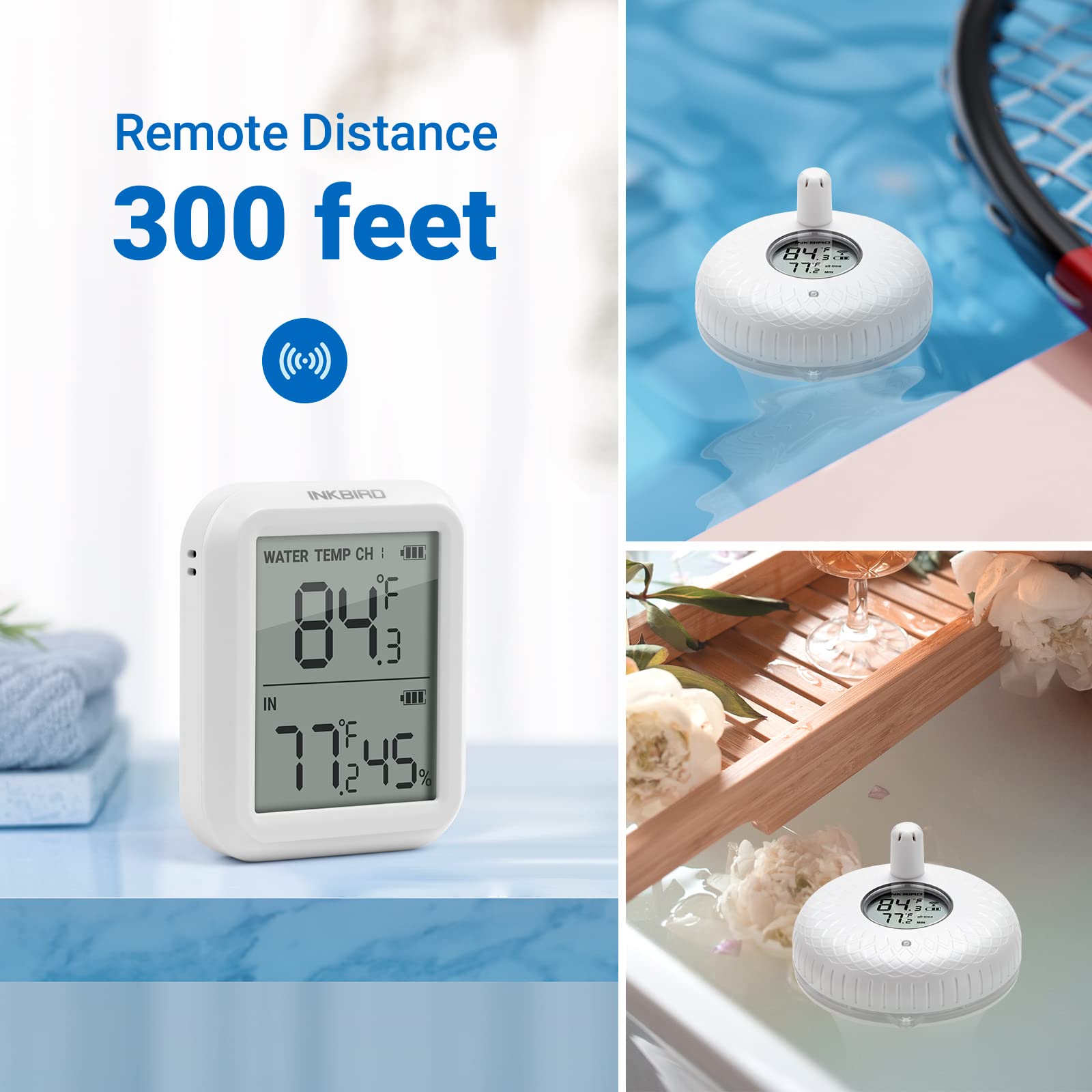 INKBIRD IBS-P01R 2 Wireless Pool Thermometers with Wireless Receiver Set Floating Easy Read, Remote Pool Thermometer for Swimming Pool, Bath Water, and Hot Tubs 2nd Updated Generation