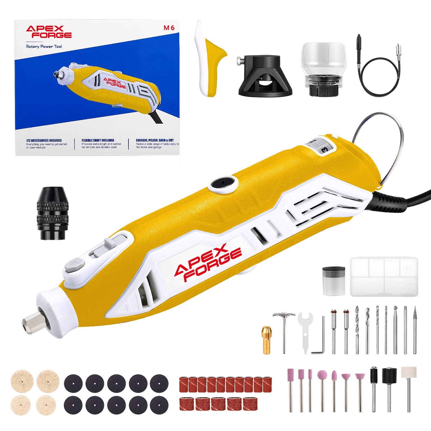 APEXFORGE M0 Rotary Tool Accessories Kit + M6 Rotary Tool Kit, Keyless Chuck & Flex Shaft, 357 + 172 Accessories, 6-Speed, 4 Attachments & Carrying Case, Ideal for Cutting/Sanding/Drilling/Sharpening