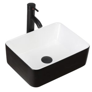 kgar rectangular bathroom sink, 16" x 12" above counter porcelain ceramic vessel sink with faucet and pop up drain combo, white and black