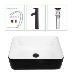 KGAR Rectangular Bathroom Sink, 16" x 12" Above Counter Porcelain Ceramic Vessel Sink with Faucet and Pop up Drain Combo, White and Black