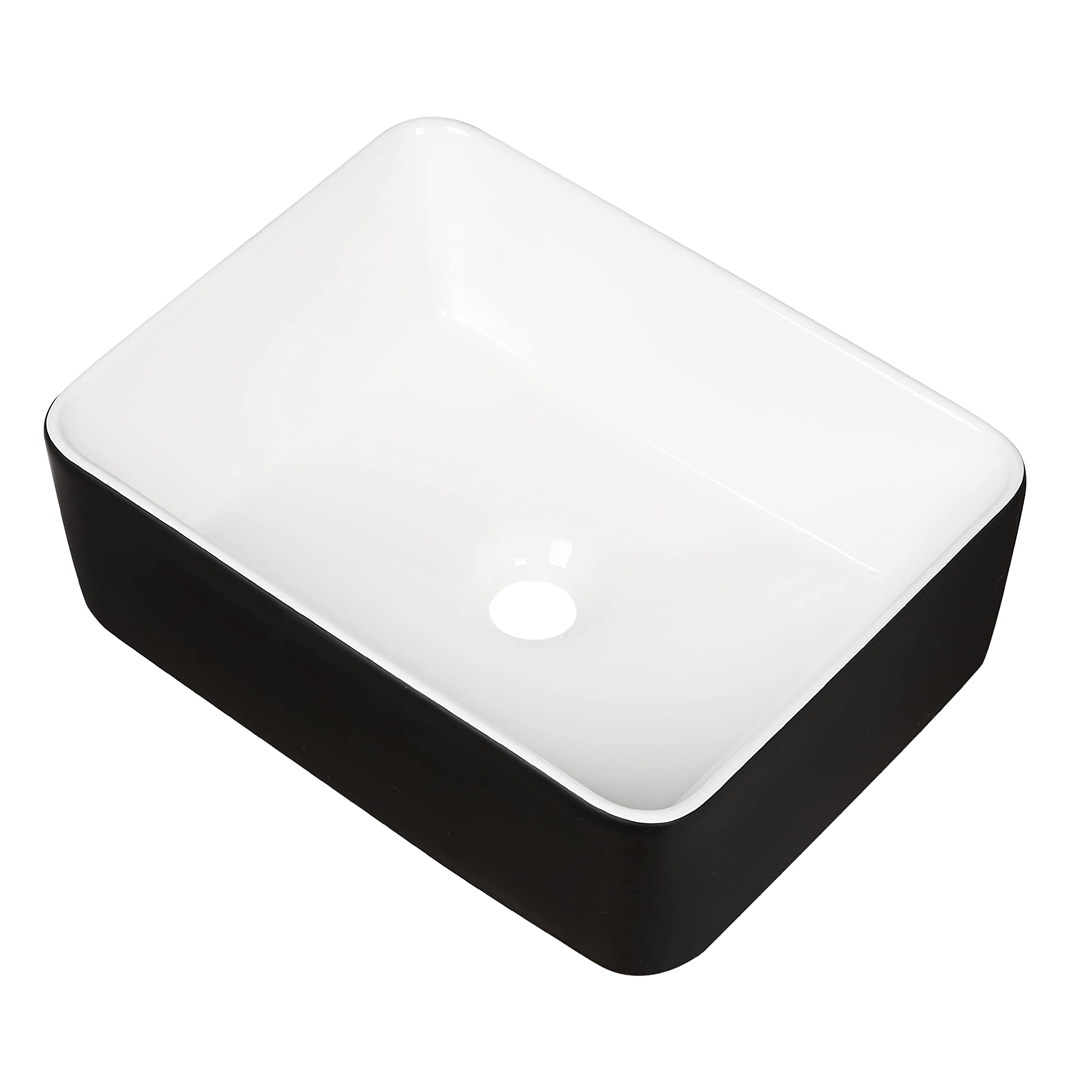 KGAR Rectangular Bathroom Sink, 16" x 12" Above Counter Porcelain Ceramic Vessel Sink with Faucet and Pop up Drain Combo, White and Black