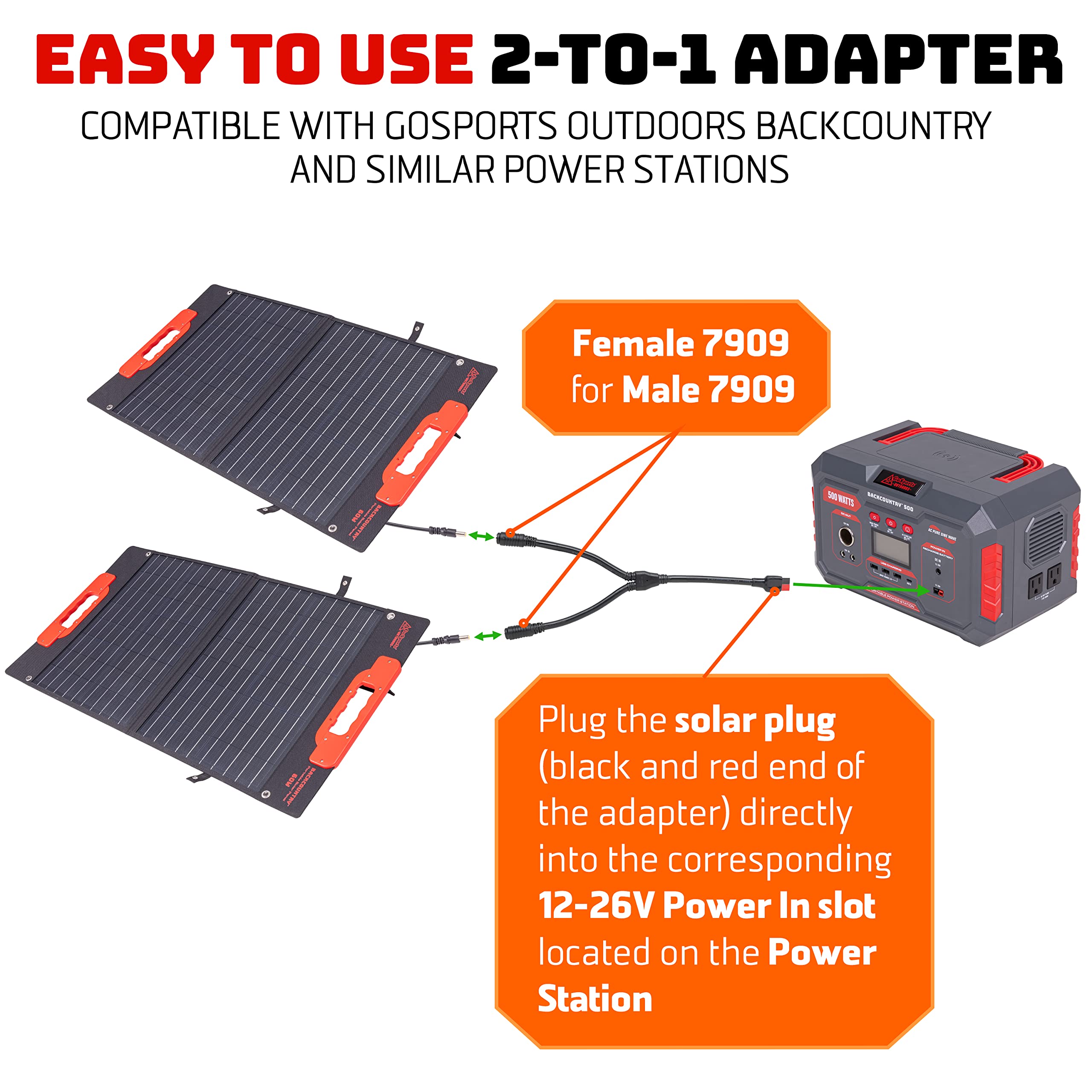 GoSports Outdoors Backcountry 2-to-1 Solar Dongle Y Adapter, Use to Recharge Power Station with 2 Solar Panels at Once