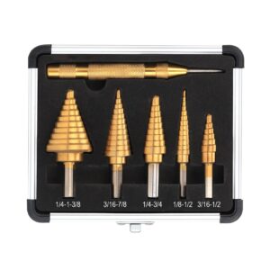 yougfin step drill bit set-5 pcs hss titanium coated step drill bits with extra automotive center punch-50 sizes high speed steel step bits for metal with aluminum case