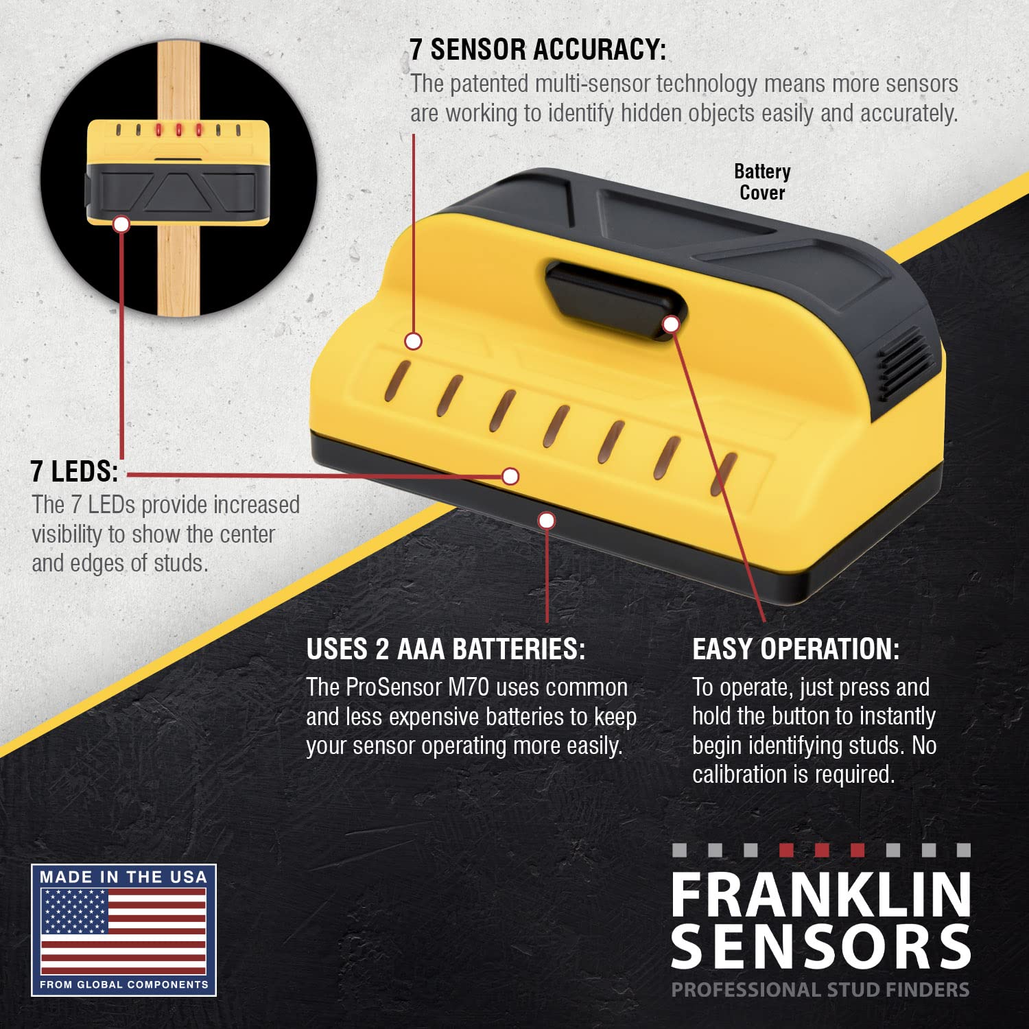 Franklin Sensors ProSensor M70 Stud Finder with 7-Sensors, Wood & Metal Stud Detector/Wall Scanner, Made in The USA